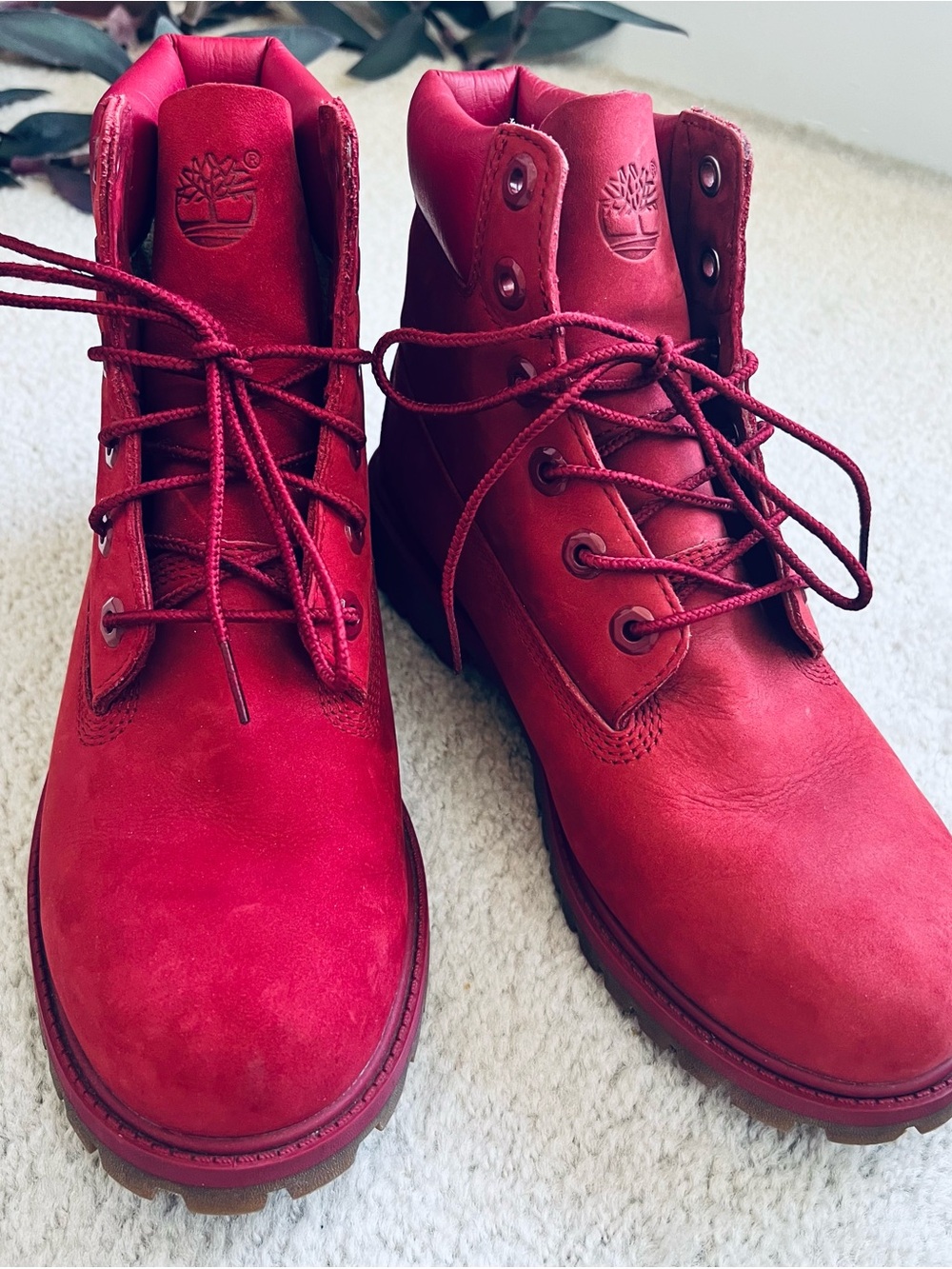 Timberland Women's 8 Red Lace-Up Waterproof Work Boots Boys 6 Rugged Leather